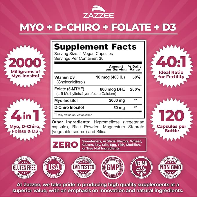 Zazzee Myo & D-Chiro Inositol Ideal 40:1 Ratio with Vitamin D3 & Folate, 120 Vegan Capsules, Hormonal Balance & Cycle Support for Women, Women’s Health Supplement, Non-GMO, Made in the USA