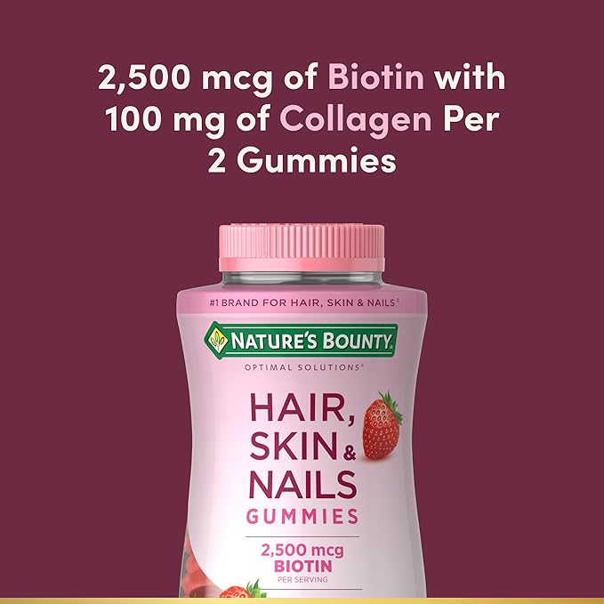 Nature's Bounty Optimal Solutions Hair, Skin and Nails Gummies with Biotin, 2500 mcg, Strawberry Flavored, 200 Count, 100 Total Servings