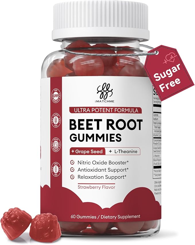 Beet Root Gummies – Beetroot Gummies for Circulation, Heart & Blood Pressure Support, Nitric Oxide Beets Gummies with Grape Seed, L-Theanine for Calm Mood, Sugar-Free Vegan, 30:1 Extract, 60 Count
