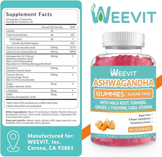 Ashwagandha Gummies, Ashwagandha with L-Theanine, Maca Root, Vitamin D for Women & Men