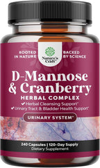 D Mannose with Cranberry Supplement - D Mannose 1000mg per Serving Capsules for Kidney Defense Support & Cleanse and Urinary Tract Health for Women & Men - Adults Bladder Health Supplement - 240 Count