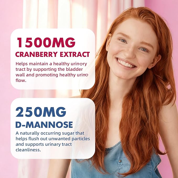 2 Pack Vegan Cranberry Gummies with D Mannose - Supports Urinary Tract Health for Women & Men, Sugar-Free, Non-GMO and Gluten Free, Strawberry Flavor, 120 Count