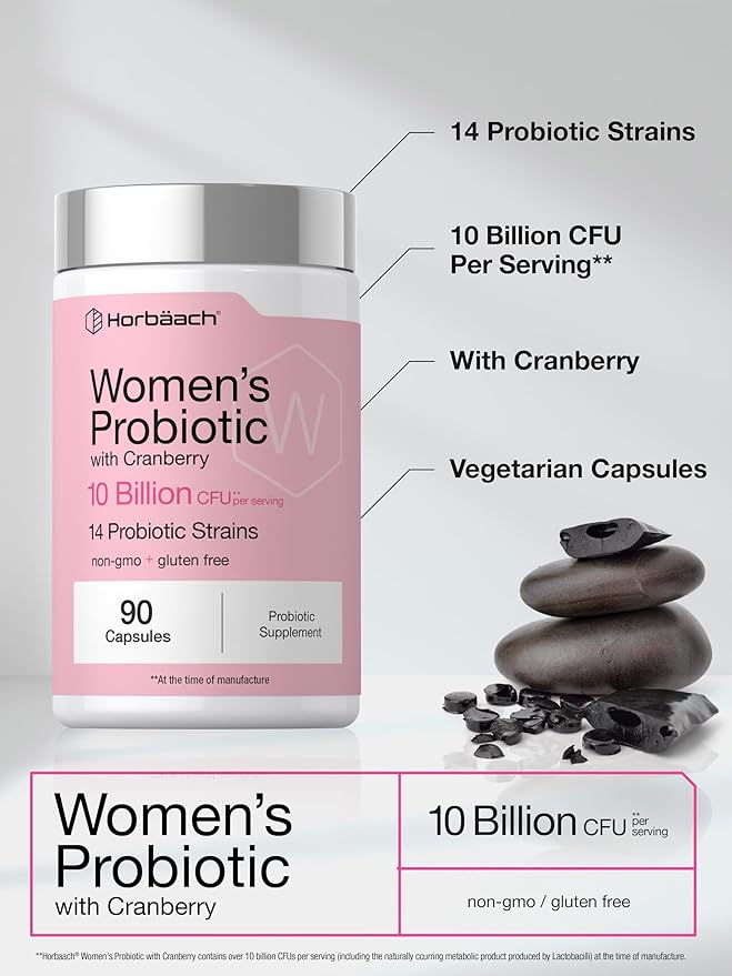 Horbäach Women's Probiotic with Cranberry Supplement | 10 Billion CFU | 14 Probiotic Strains | 90 Capsules | Non GMO, Gluten Free