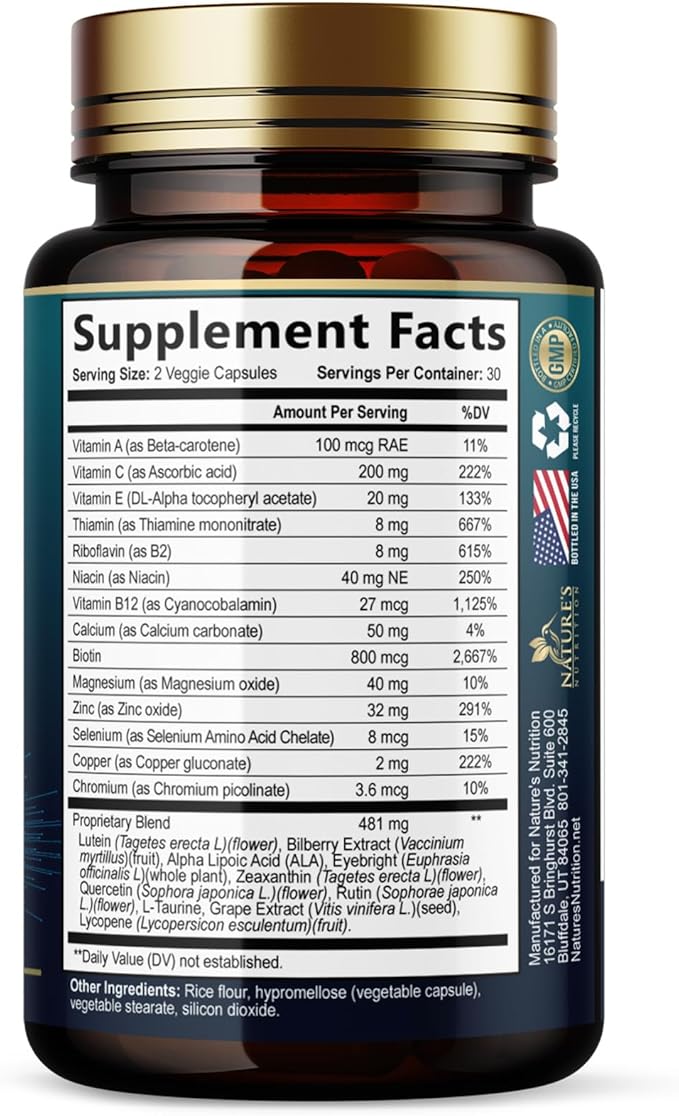Eye Vitamins Supplements - 3x Strength Eye Health Vitamin with Lutein and Zeaxanthin - Vision Macular Health & Dry Eyes Support With Zinc, Vitamins C E & Minerals, Bottled in USA - 60 Capsules