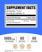 BulkSupplements.com Vitamin B12 Softgels - Vitamin B12 Supplement, as Cyanocobalamin - Gluten Free, 1 Softgel per Serving (1000mcg), 60 Count (Pack of 1)