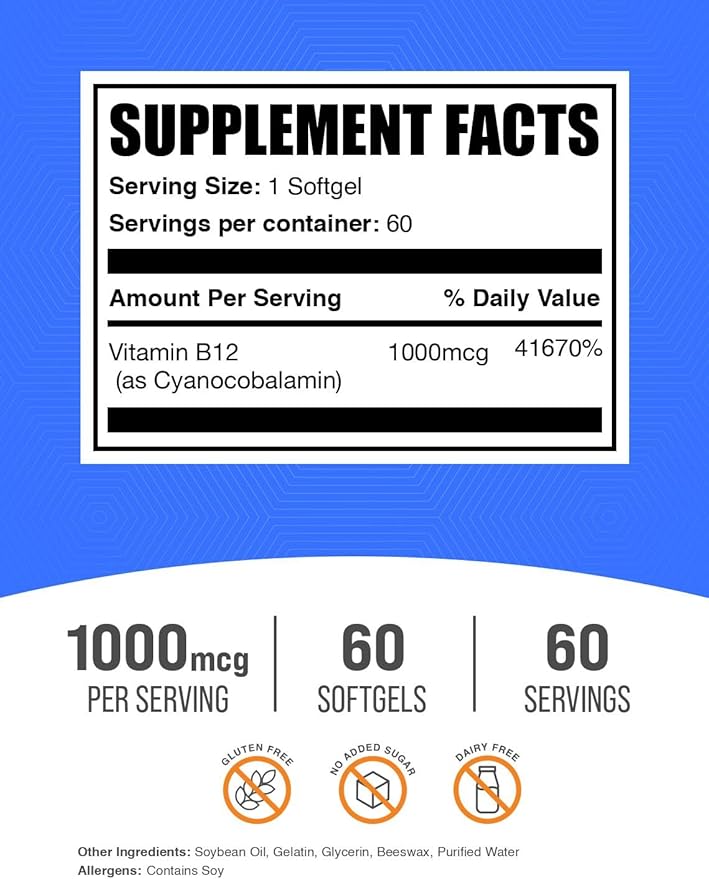BulkSupplements.com Vitamin B12 Softgels - Vitamin B12 Supplement, as Cyanocobalamin - Gluten Free, 1 Softgel per Serving (1000mcg), 60 Count (Pack of 1)