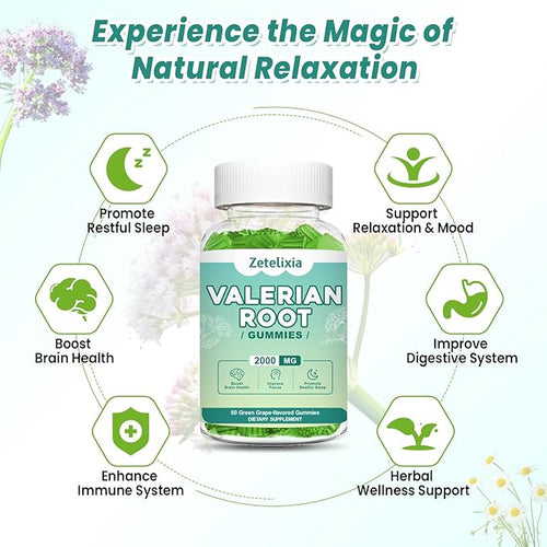 2 Pack Organic Valerian Root Gummies, Natural Calm to Help Relaxation, Herbal Supplement for Mood Support, Melatonin Free, Non-GMO, Gluten Free, Vegan, Green Grape Flavor, 120 Count