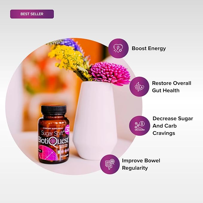 BiotiQuest Sugar Shift Probiotic | Helps Decrease Sugar & Carb Cravings and Supports Digestive Balance | 22 Billion CFU | Non-GMO, Gluten-Free, & Vegan | 60 Servings