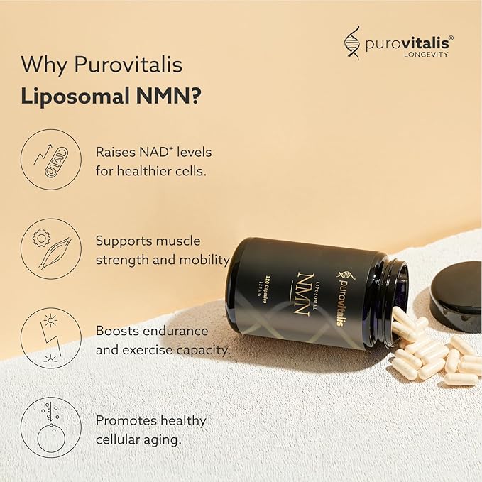 PUROVITALIS Liposomal NMN, 250mg Longevir Nicotinamide Mononucleotide Supplement, NAD+ Boost for Cellular Health, Energy & Healthy Aging, 2-Month Supply (120 Vegan Capsules)