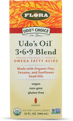 Flora Health UDO’s Oil Omega 3-6-9 32 Oz Supplement | Organic | Plant Based | Vegan Fish Oil Alternative | Blend of Flaxseed, Coconut, Evening Primrose & More