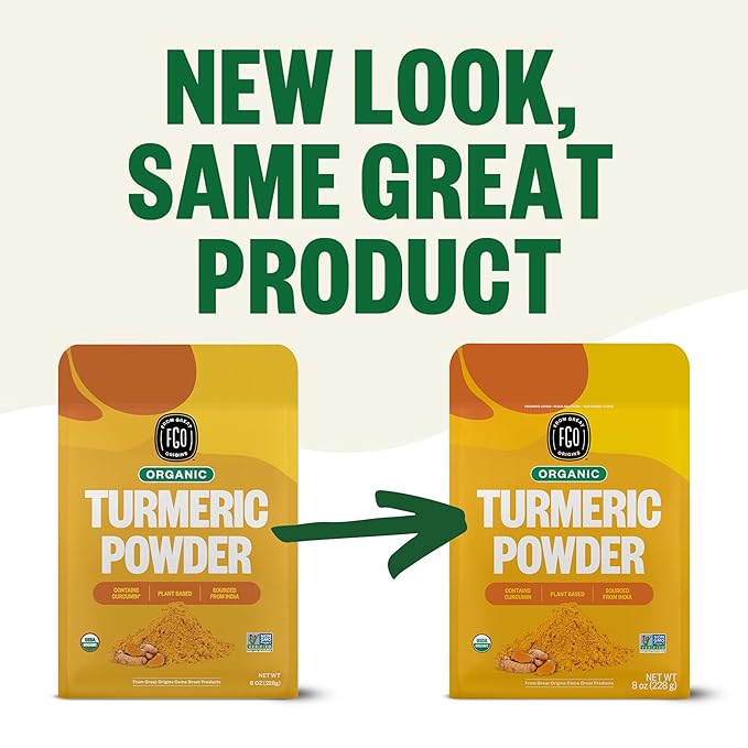 FGO Organic Turmeric Powder w/Curcumin, 8oz Resealable Pouch, USDA Organic and Non-GMO, Sourced from India, Packaging May Vary (Pack of 1)
