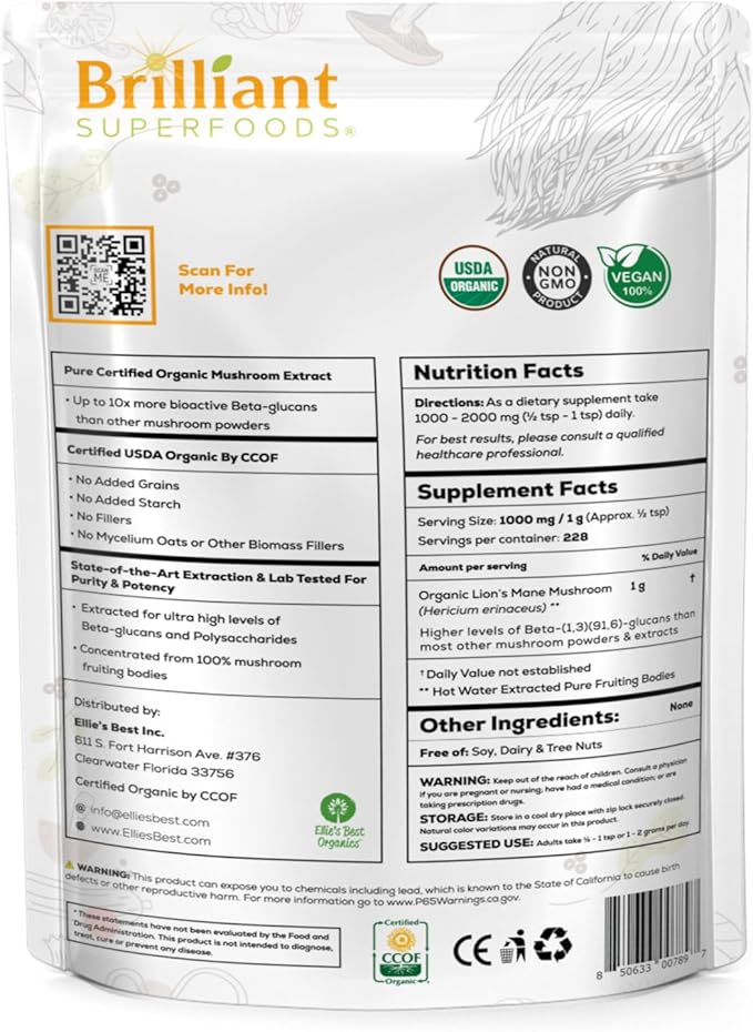 Ellie's Best Lions Mane Mushroom Extract Powder Supplement Organic 228 Servings - Double Extracted for Highest Potency - Dissolves in Coffee, Tea, Juice etc. 8oz