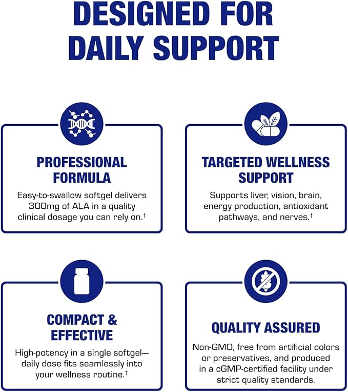 Alpha Lipoic Acid 300mg - Clinical Formula ALA Supplement for Liver Eye Brain Mitochondria Energy Antioxidant & Nerve Support - Non-GMO Soy Free & Easy to Swallow Softgels - 60 Servings