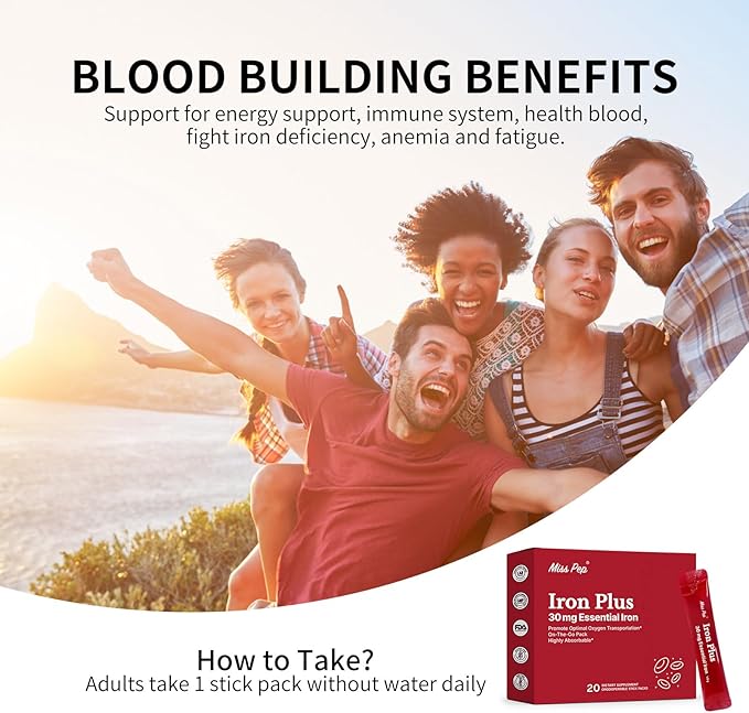 Iron Supplement, 30 Mg Iron Supplement for Women and Men, Promotes Red Blood Cell Production, Supports Iron Deficiency in Adults, 20 Ready-to-Drink Powder Sachets