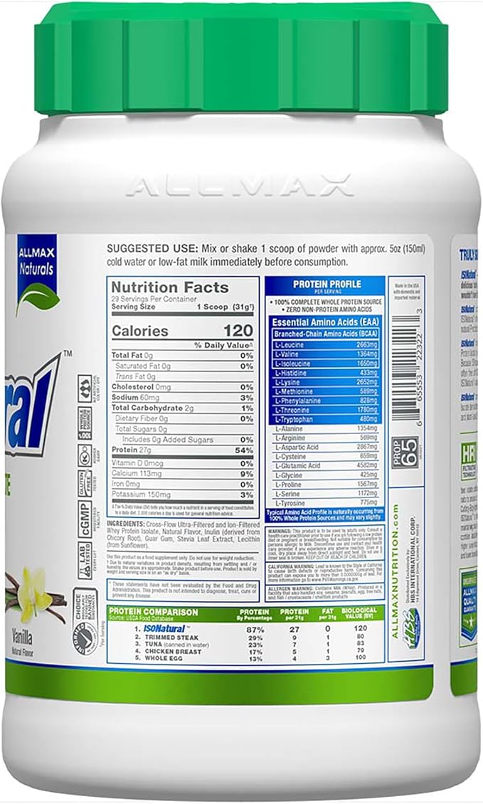 ALLMAX ISONATURAL Whey Protein Isolate, Vanilla - 2 lb - 27 Grams of Protein Per Scoop - Zero Fat & Sugar - 99% Lactose Free - with Prebiotics - No Artificial Flavors - Approx. 29 Servings