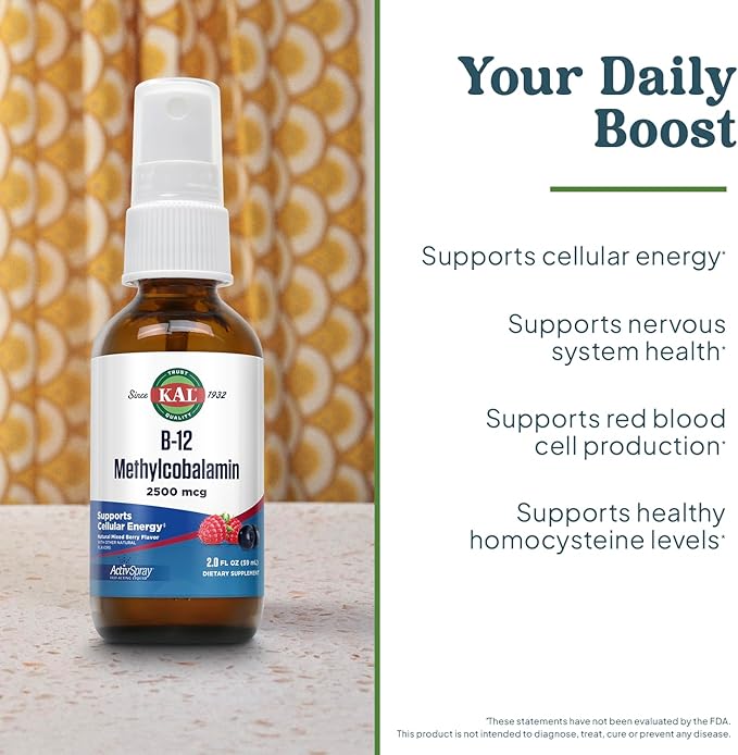 KAL Vitamin B12 Methylcobalamin ActivSpray 2500mcg, Healthy Energy, Metabolism, Nerve & Red Blood Cell Support,* Fast-Acting Liquid B12, Maximum Absorption, Natural Berry Flavor, 80 Servings, 2 fl oz