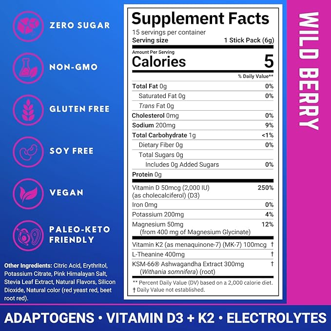 Muscle I.V.® Mood Support, Recovery, Cortisol Reducer Supplement, Vitamin D3 K2, Magnesium Glycinate, L-Theanine, KSM-66® Ashwagandha, Electrolytes Powder Packets, Sugar Free. 15 Ct (Wild Berry)