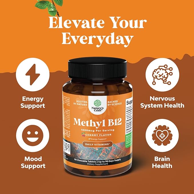 Chewable B12 Vitamin 1000mcg - Vitamin B12 for Brain Function & Energy - Uplift Mood with Methylcobalamin - Bone & Eye Health - Supports Mental Clarity & Skin Care - Cherry Flavor - 60 Count