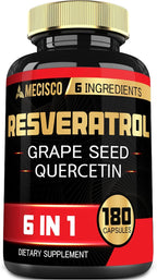 6in1 Trans Resveratrol Supplement with Grape Seed, Milk Thistle, and More - Resveratrol 1000mg - Supports for Immune System, Heart Health, Body Management - 180 Capsules