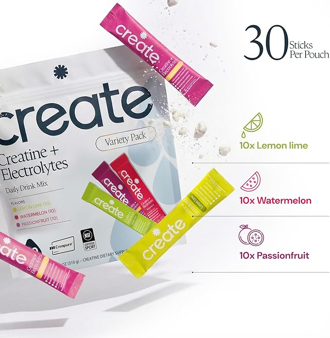 Create Creatine + Electrolytes Mix - Creatine Monohydrate Stick Packs, Supports Energy and Hydration, NSF Certified for Sport, 30 Count, Variety Pack