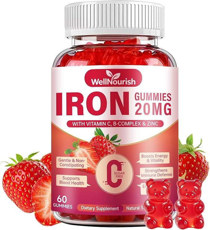 Iron Gummies for Women & Kids, Sugar Free with Vitamin C, 20mg Gentle Iron for Whole Family, Non-Constipating, Blood Builder B12 & Folate, Energy Support, Strawberry 60 Count