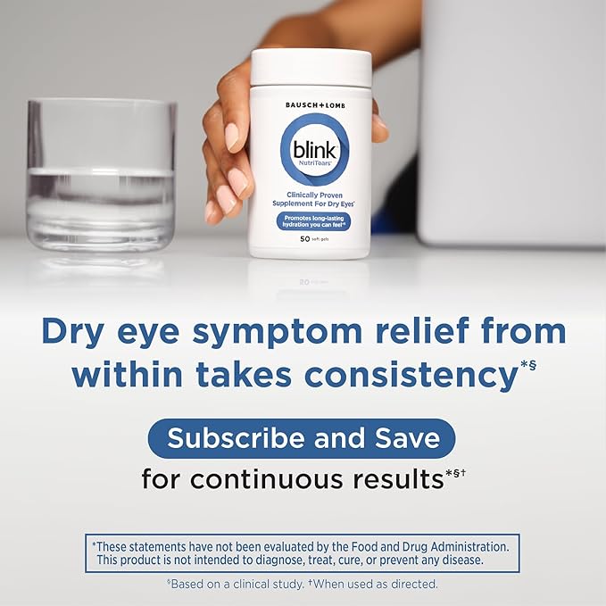 Blink NutriTears Clinically Proven Supplement for Dry Eyes, Eye Care with Lutein & Zeaxanthin and Vitamin D to Hydrate Eyes from Within for Long-Lasting Relief, 50 Softgels