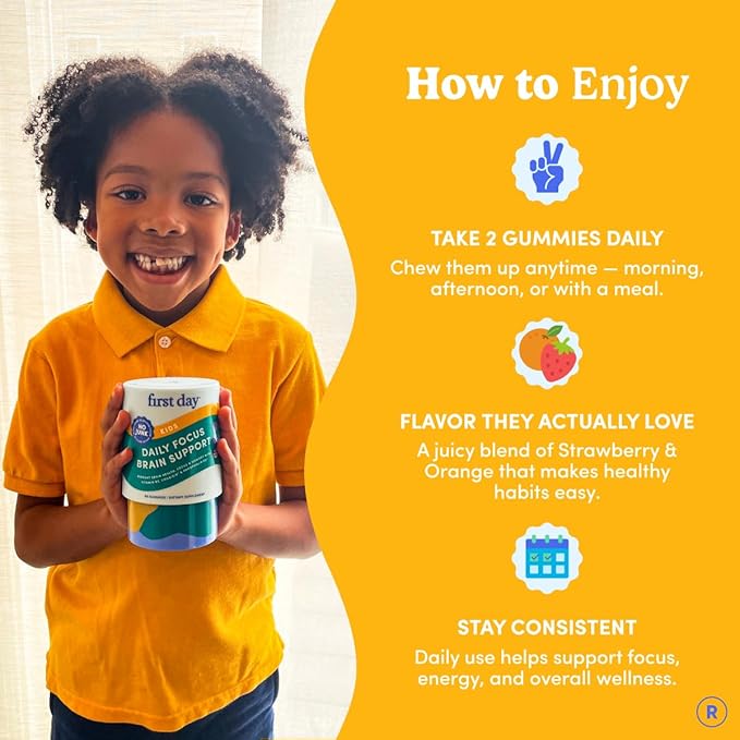 FIRST DAY Kids Focus & Brain Supplement Gummies Ages 4+ | Attention & Calm Support with Cognizin® Citicoline & Phosphatidylserine | Organic, Vegan | 30-Day Supply