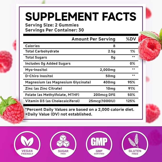 2 Pack Myo-Inositol & D-Chiro Inositol Gummies, 40:1 Ratio Inositol with Vitamin D3, Magnesium Glycinate, Folate & Zinc, Inositol Supplement for Female Health, Raspberry Flavor, 120 Count