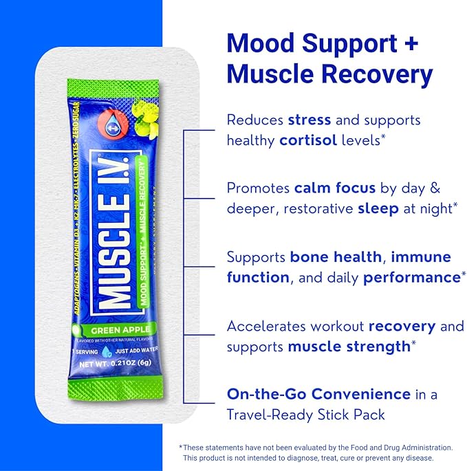 Muscle I.V.® Mood Support, Recovery, Cortisol Reducer Supplement, Vitamin D3 K2, Magnesium Glycinate, L-Theanine, KSM-66® Ashwagandha, Electrolytes Powder Packets, Sugar Free. 15 Ct, Green Apple