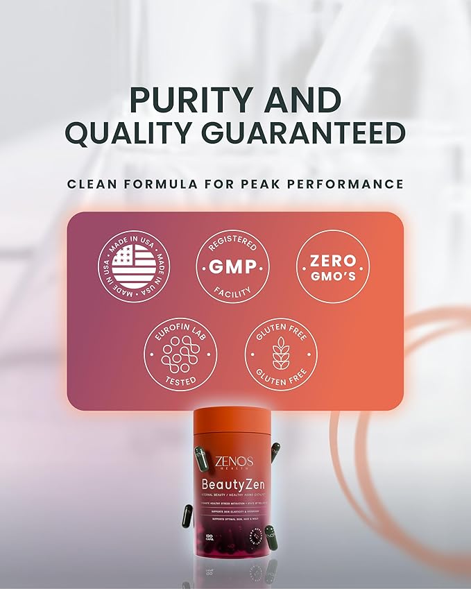 Zenos Health BeautyZen - Beauty Supplement for Hair Growth with DHT Blocker, Biotin Collagen Keratin & Antioxidants Supplement, Androgen Blocker, Anti Aging, Keratin Complex - Made in USA, 120 Caps