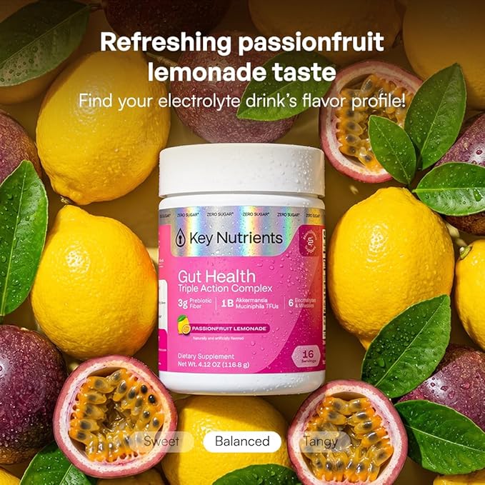 KEY NUTRIENTS Gut Health Hydration – Passionfruit Lemonade, Fiber Supplement with Prebiotic Fiber & Akkermansia Probiotics for Women and Men, Sugar Free Electrolytes Powder for Gut Health, 16 Servings