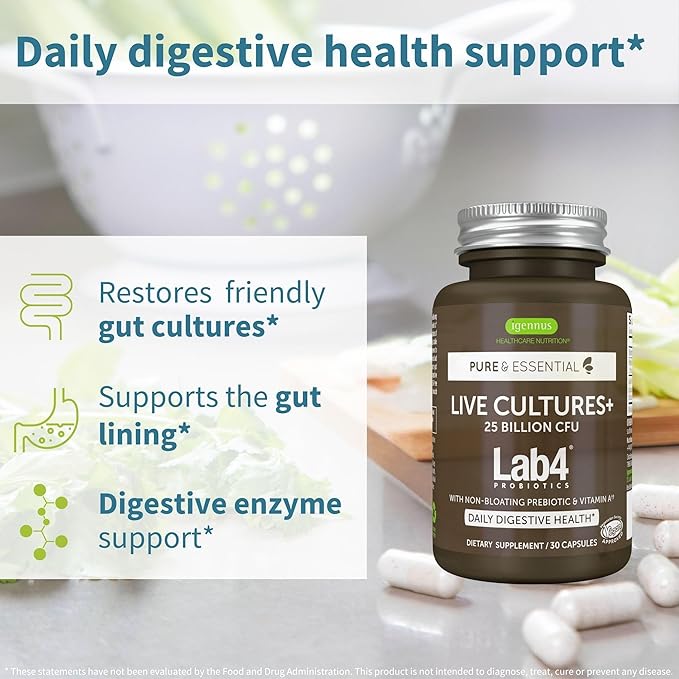 Igennus Probiotics & Prebiotic 2 in 1, Lactobacillus Acidophilus & Bifidobacterium, Gut Health Support, Live Cultures+ Lab4, Guaranteed 25 Billion CFU, Women & Men, Non-Bloating, Non-GMO, 30 Capsules