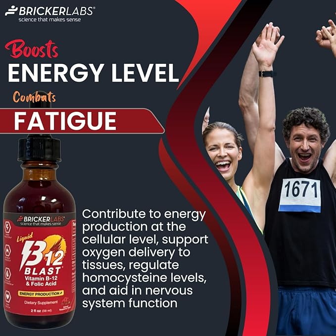 Bricker Labs B-12 Blast Liquid Vitamin B12 and Folic Acid Supplement, Support Energy Production, Great Tasting Liquid Vitamin B12 Dietary Supplement in Natural Raspberry Flavor, 2 fl oz Bottle