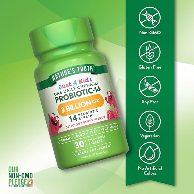 Nature's Truth Probiotics for Kids | 30 Chewable Tablets | 3 Billion CFUs | Berry Flavor | Vegetarian, Non-GMO & Gluten Free Supplement