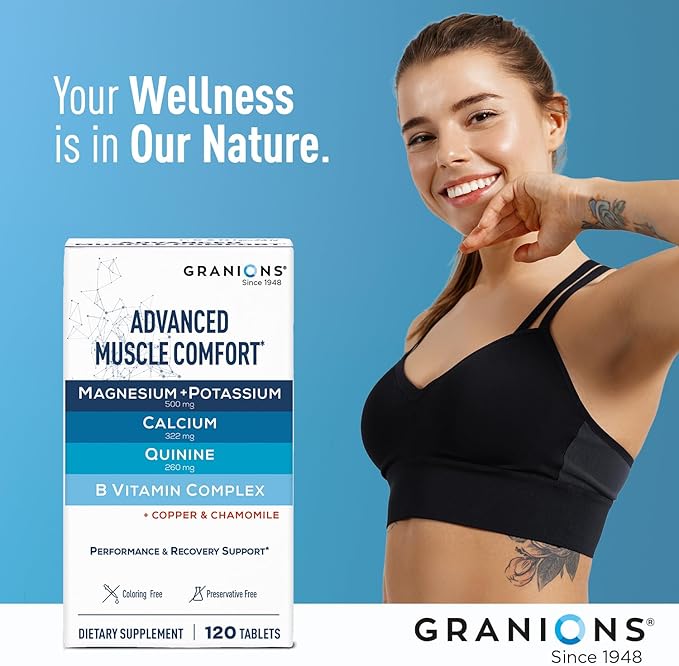 Granions Advanced Muscle Comfort - Natural Muscle Relaxer Pills Support - Quinine, Magnesium, Potassium, B Vitamins, Chamomile, CoQ10 - Immediate Muscle Relaxation and Comfort - 120 Tablet, 30 Serving