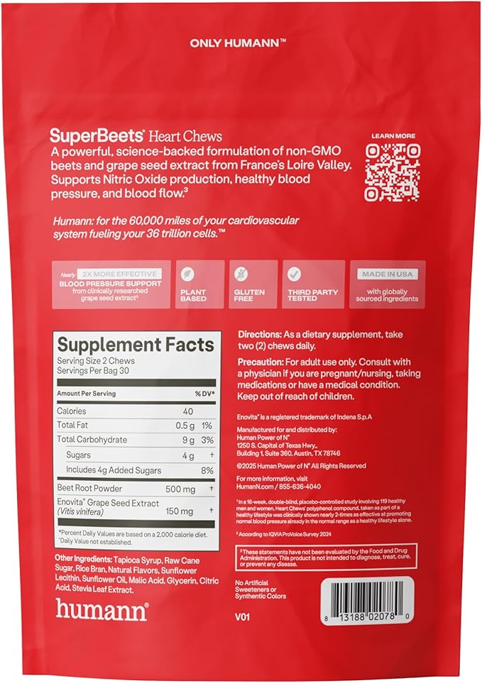 Humann SuperBeets Heart Chews, Beet Root Powder Support Energy Supplement, Nitric Oxide and Blood Pressure Support, Grape Seed Extract & Non-GMO, Heart Health, Pomegranate Berry Flavor, 60 Count