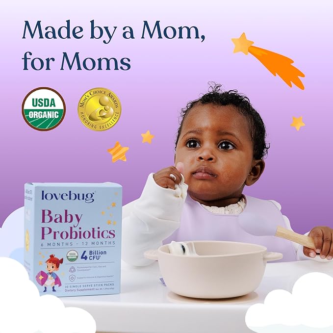 LOVEBUG Award Winning USDA Organic Probiotic for Babies | Multi-Strain 4 Billion CFU | Easy-to-Take Powder | Sugar Free | Ages 6-12 Months | 30 Packets