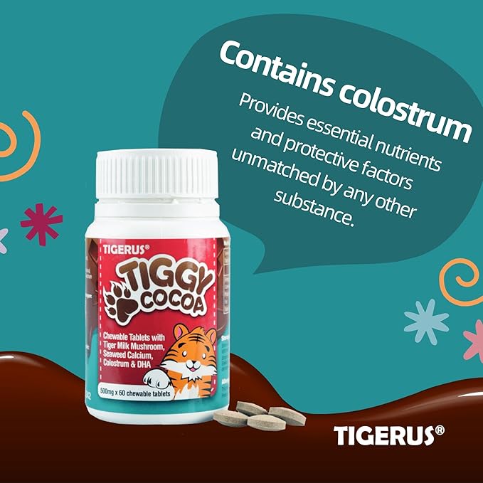 TIGGY Cocoa Chewable Tablets with Tiger Milk Mushroom – Delicious, Convenient and Nutritious Cocoa-Based Supplement for Energy, Wellness, and Overall Health – 60 Tablets, Kids & Adults