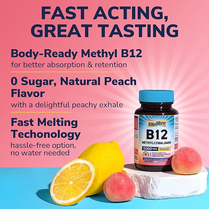 Vitalibre Vitamin B12 Sublingual 5000 mcg, Methylcobalamin, Bioactive Form, High Absorption, Vegan, Nerve, Energy, Immune, Mood Support, Natural Peach Flavor, 180 Fast Dissolve Mini Tablets, No Sugar