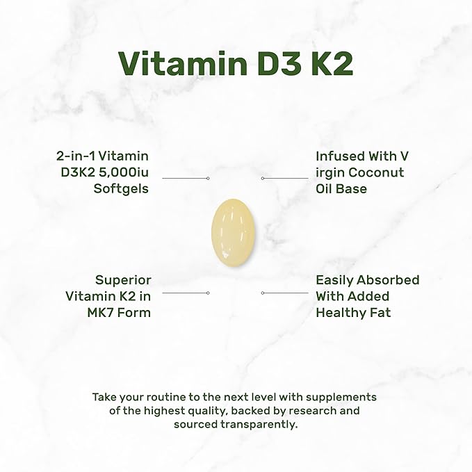 DEAL SUPPLEMENT Vitamin D3 5,000 IU + K2 MK7 100mcg Softgels | 2-in-1 Complex with Virgin Coconut Oil | Supports Heart, Bone, Teeth & Immune Health | Easy to Swallow