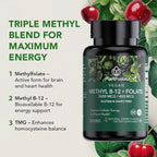 PlantFusion Vegan B12 Methyl 3000 mcg + Folate 400mcg - Sublingual Vitamins - Supports Energy, Heart Health, Nervous System - Cherry Flavor, 60 High Potency Lozenges for Fast Absorption