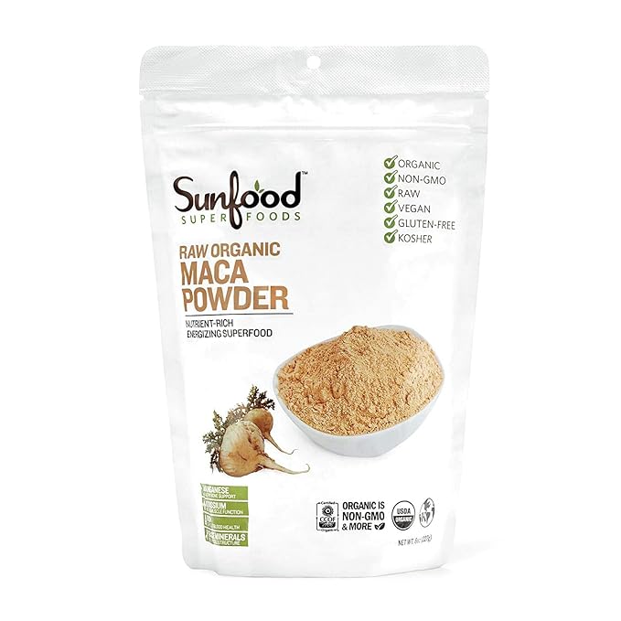 Sunfood Superfoods Organic Maca Powder Supplement for Men & Women - Maca Root Powder Organic with Adaptogens, Peruvian, Raw, Vegan - 8 Oz Bag