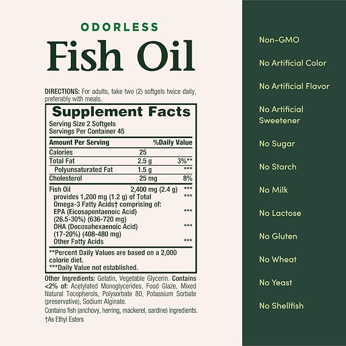 Nature's Bounty Odorless Fish Oil, 1200mg Omega-3 per Serving Including EPA & DHA, Supports Heart Health, Purified to Eliminate Mercury, Coated Softgels, Gluten Free,No Shellfish, 90 Count (Pack of 3)