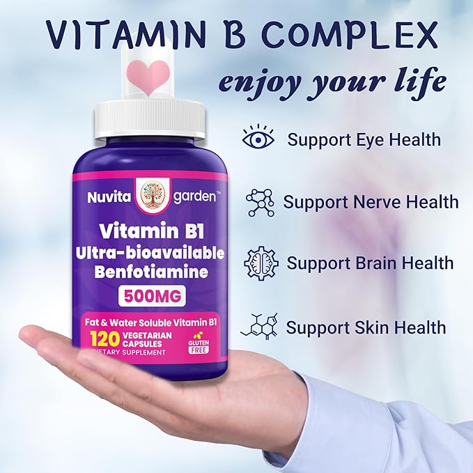 Benfotiamine 500mg + 20mg Vitamin B1, 120 Veggie Capsules, High Potency Fat Soluble Essential Vitamin B1 Thiamine Supplement, Supports Overall Health, Non-GMO, Gluten Free