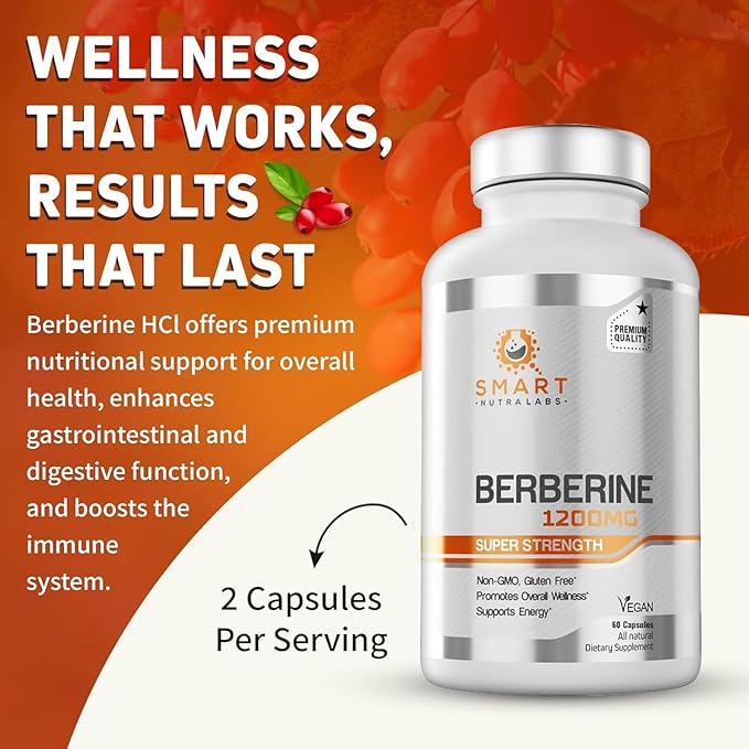 Smart Nutra Labs Premium Berberine HCL 1200mg- 180 Vegan Capsules, 100% Pure Berberine Supplement- Non-GMO, Gluten Free