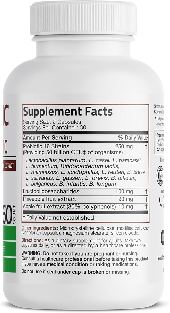 Bronson Probiotic 50 Billion CFU + Prebiotic with Apple Polyphenols & Pineapple Fruit Extract for Women & Men Non-GMO, 60 Vegetarian Capsules