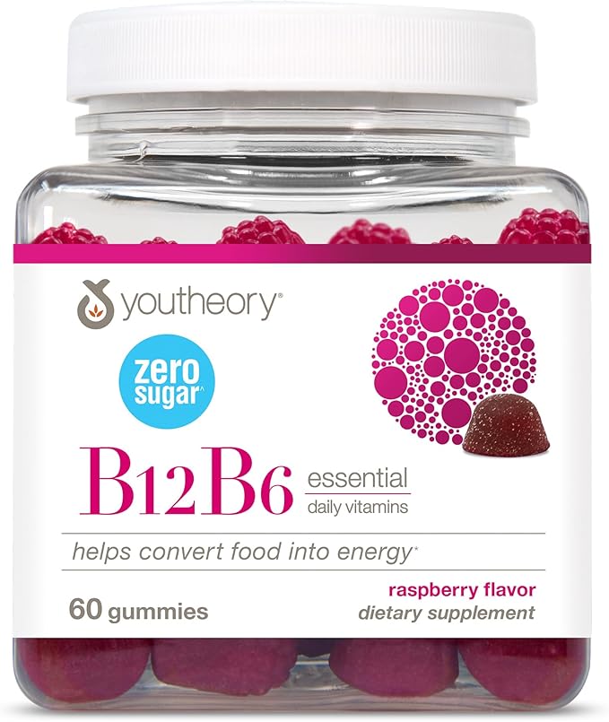 Youtheory B12B6 Gummies - Vitamin B12 & B6 - Supports Mood, Nervous System & Metabolism* - Aids Memory & Stress Management* - Sugar Free - No Dairy, Soy or Gluten - 60 Gummies (60 Servings)*
