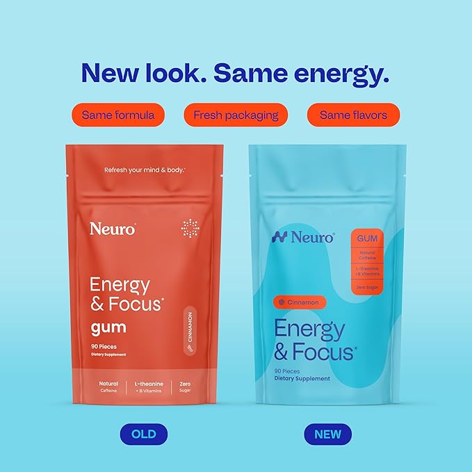 Neuro Energy & Focus Gum - 40mg Natural Caffeine Gum & Nootropic Energy Supplement with L-Theanine & B Vitamins - Sugar Free, Vegan - Cinnamon, 90ct