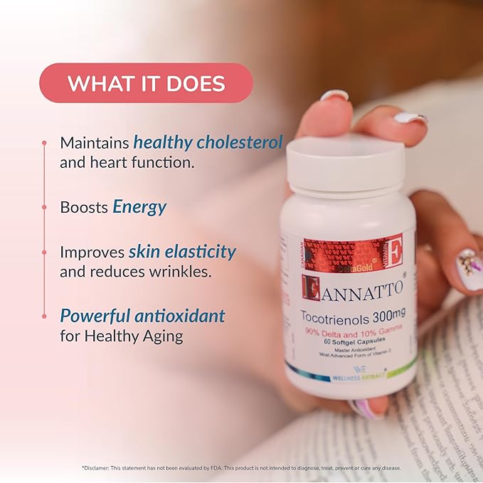 Wellness Extract Eannatto Tocotrienols Vitamin E Supplements Tocopherol Free, Supports Immune Health, Non-GMO, Gluten Free & Antioxidant (300MG 60 Softgels)