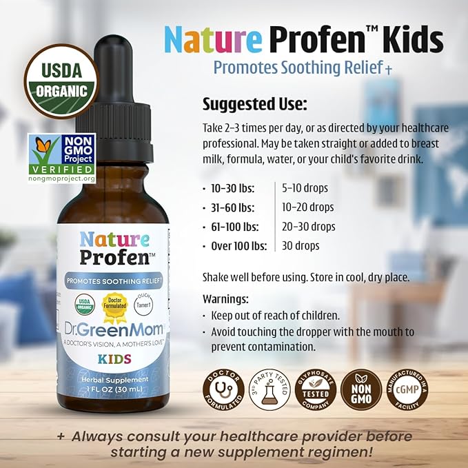 Dr. Green Mom Nature Profen Natural Relief for Infants & Kids | USDA Organic Herbal Drops for Teething, Growth Spurts, and Occasional Discomfort | Natural Child & Baby Comfort Aid